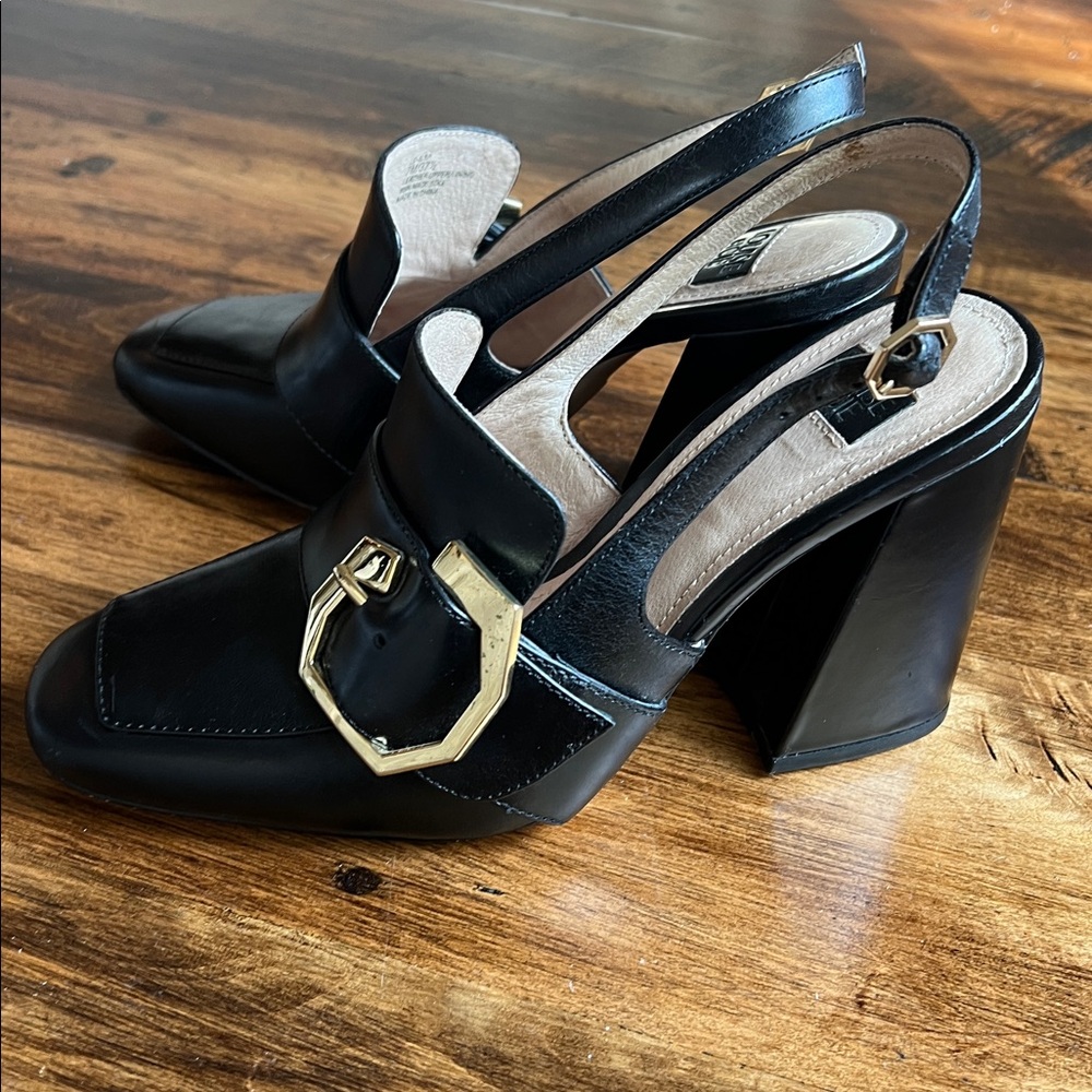 Louise eat CIE Black Leather Sling Back Loafer Pumps Block Heel Sz 7 - Picture 4 of 14